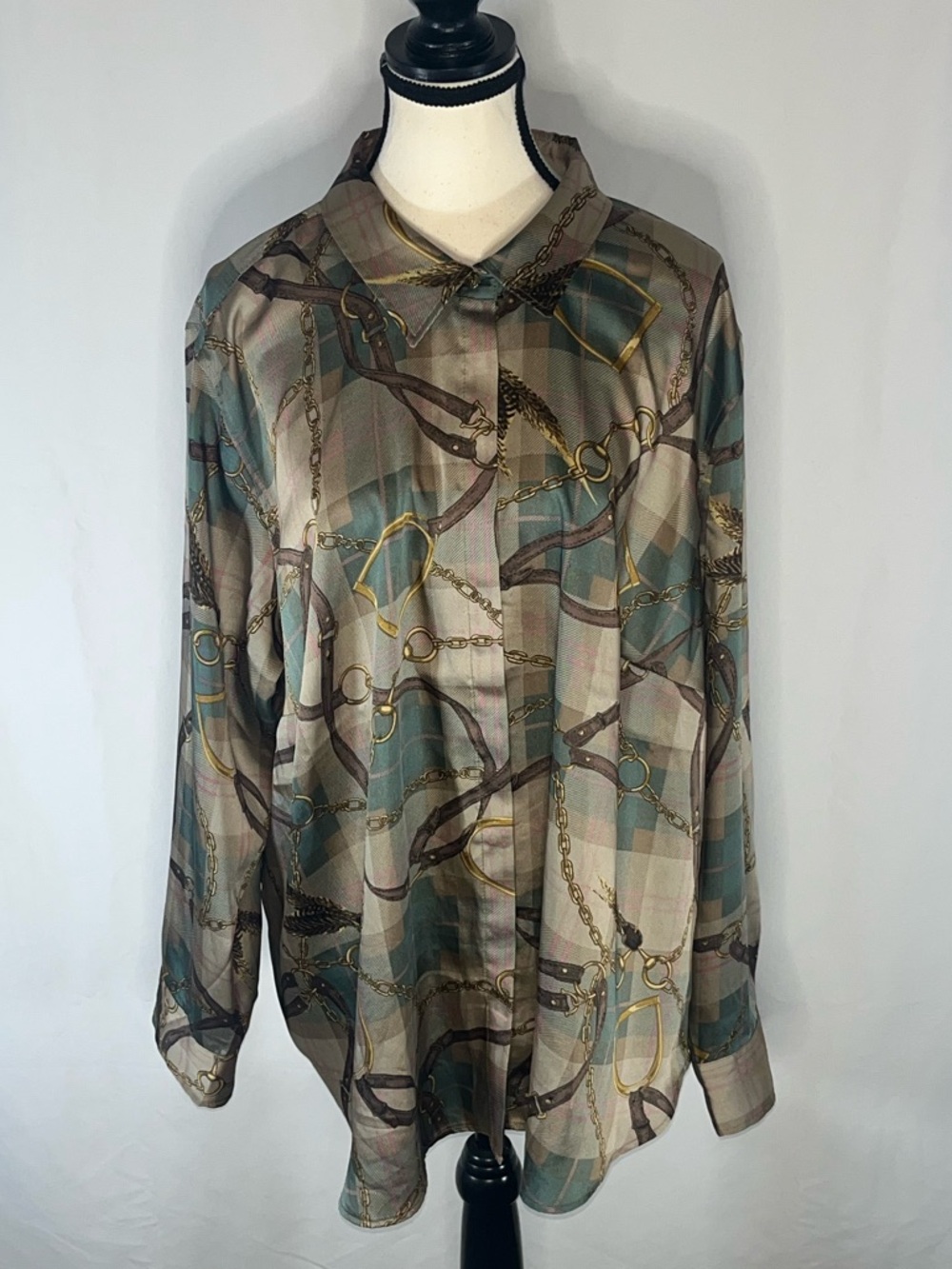 Lauren Ralph Lauren Equestrian Plaid Gold Chain Horsebit Luxury Shirt Blouse 3XL